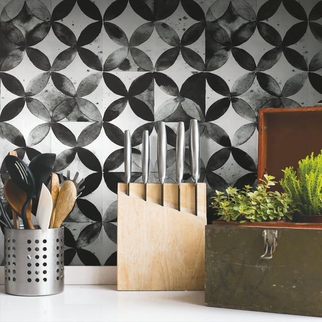 Paul Brent Moroccan Tile Black Peel & Stick Wallpaper with Modern Geometric Pattern - York RMK11353RL