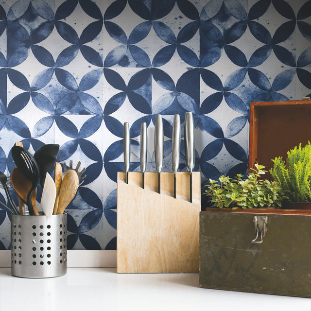 Paul Brent Moroccan Tile Blue Peel & Stick Wallpaper with Modern Geometric Pattern - York RMK11354RL