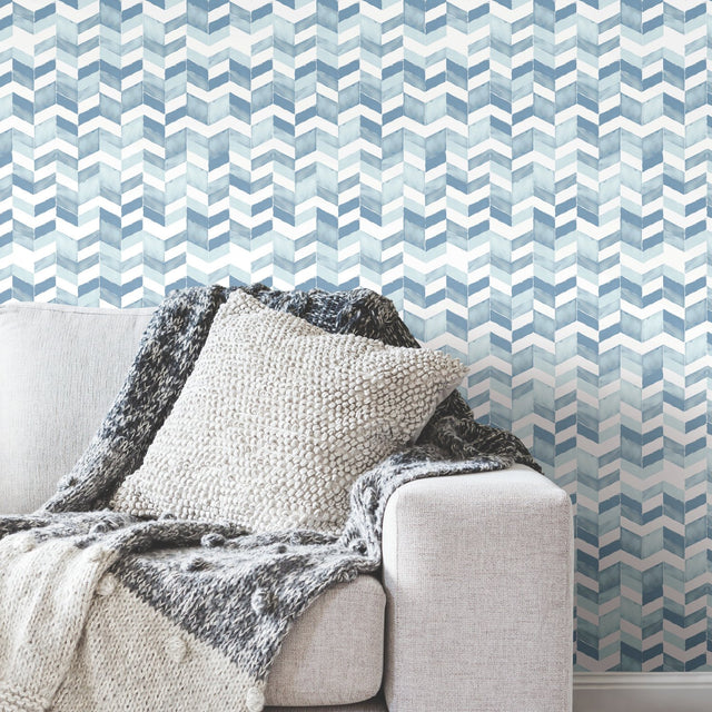 Paul Brent Watercolor Chevron Blue Peel & Stick Wallpaper - RMK11357RL
