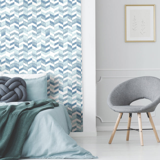 Paul Brent Watercolor Chevron Blue Peel & Stick Wallpaper - RMK11357RL