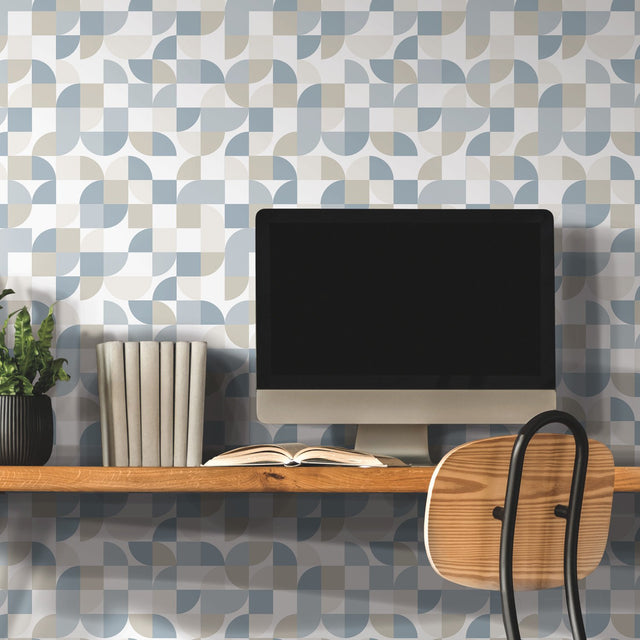 Mid-Century Geometric Blue Peel & Stick Wallpaper with Abstract Geometrics - York RMK11362RL