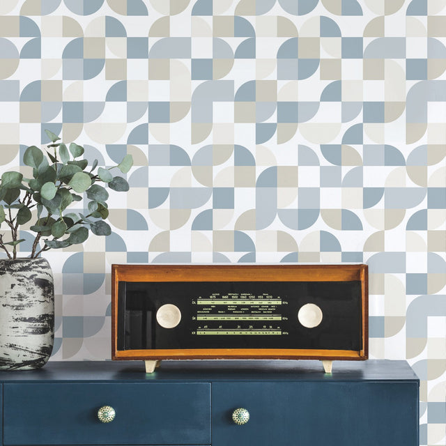 Mid-Century Geometric Blue Peel & Stick Wallpaper with Abstract Geometrics - York RMK11362RL