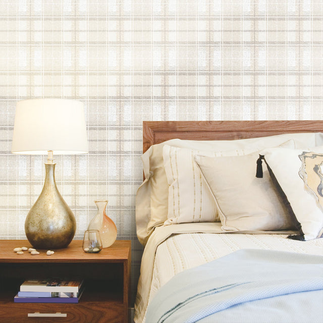 Tweed Plaid Beige Peel & Stick Wallpaper with Traditional Global Plaid Pattern - York RMK11395RL