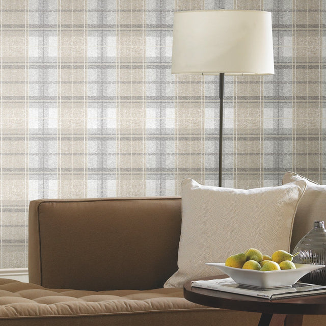 Tweed Plaid Grey Peel & Stick Wallpaper with Traditional Global Plaid Pattern - York RMK11396RL