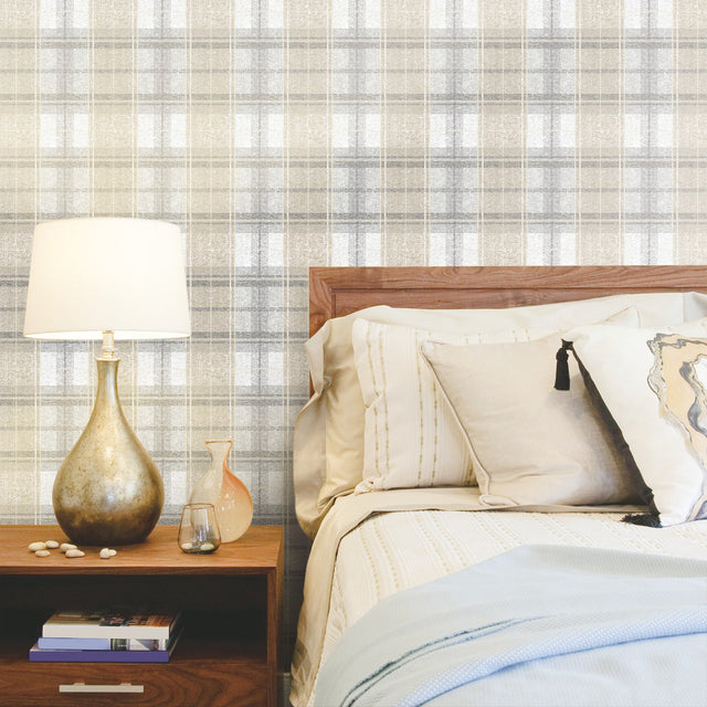 Tweed Plaid Grey Peel & Stick Wallpaper with Traditional Global Plaid Pattern - York RMK11396RL