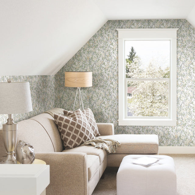 Willow Branch Green Peel & Stick Wallpaper with Modern Botanical Tree Pattern - York RMK11422RL