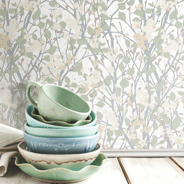 Willow Branch Green Peel & Stick Wallpaper with Modern Botanical Tree Pattern - York RMK11422RL