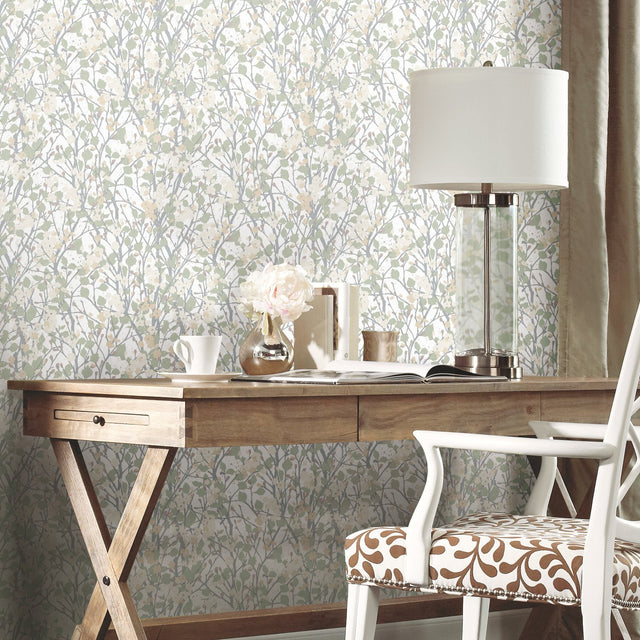 Willow Branch Green Peel & Stick Wallpaper with Modern Botanical Tree Pattern - York RMK11422RL
