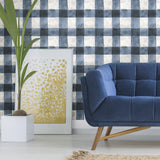 Buffalo Plaid Blue Peel & Stick Wallpaper with Farmhouse Plaid Pattern - York RMK11432WP