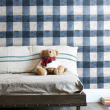 Buffalo Plaid Blue Peel & Stick Wallpaper with Farmhouse Plaid Pattern - York RMK11432WP