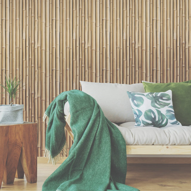Bamboo Brown Peel & Stick Wallpaper with Vertical Bamboo Motif - RoomMates RMK11434WP