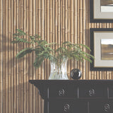 Bamboo Brown Peel & Stick Wallpaper with Vertical Bamboo Motif - RoomMates RMK11434WP