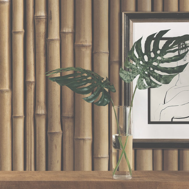 Bamboo Brown Peel & Stick Wallpaper with Vertical Bamboo Motif - RoomMates RMK11434WP