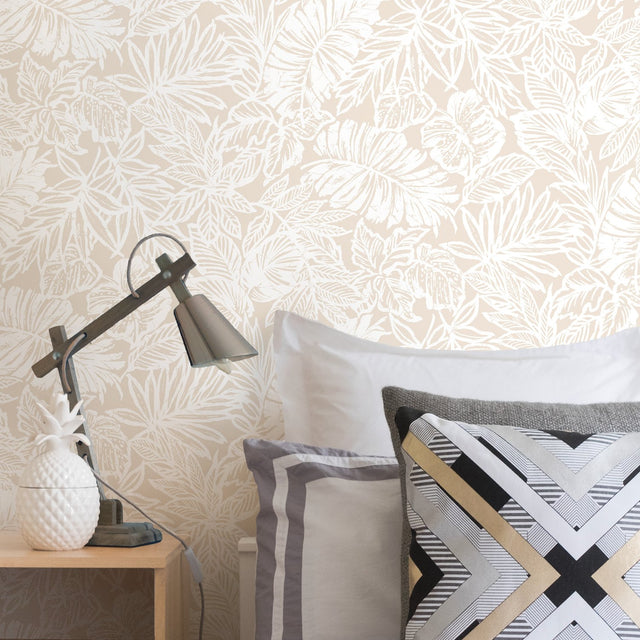 Batik Tropical Leaf Beige Peel & Stick Wallpaper with Botanical Leaf Batik Pattern - York RMK11435WP