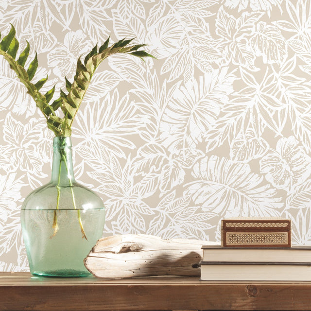 Batik Tropical Leaf Beige Peel & Stick Wallpaper with Botanical Leaf Batik Pattern - York RMK11435WP