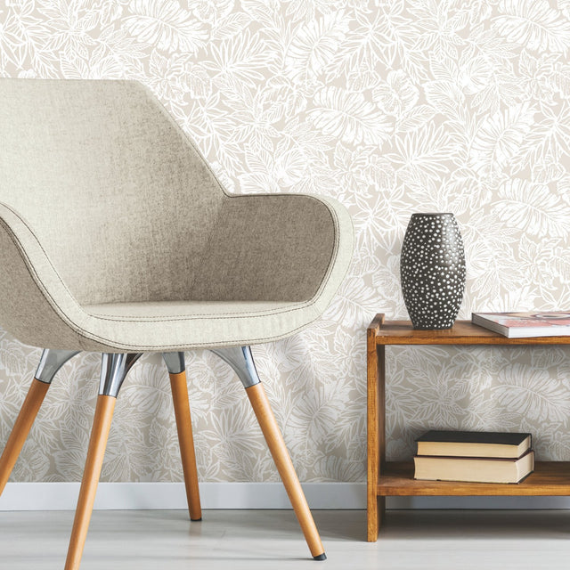 Batik Tropical Leaf Beige Peel & Stick Wallpaper with Botanical Leaf Batik Pattern - York RMK11435WP