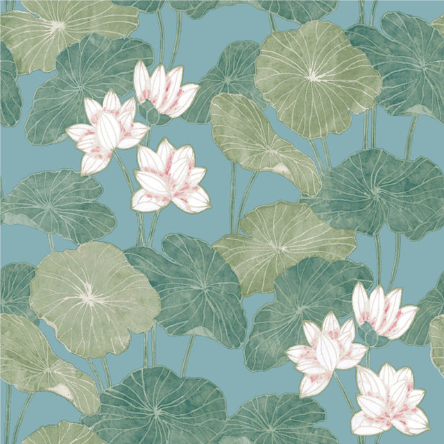 Lily Pad Blue Peel & Stick Wallpaper with Botanical Leaves Pattern, Modern Style - RoomMates RMK11436WP
