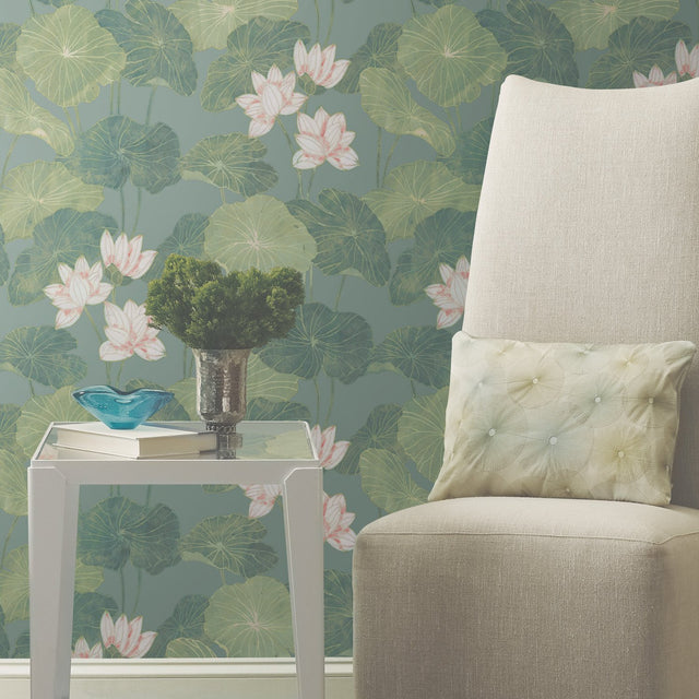 Lily Pad Blue Peel & Stick Wallpaper with Botanical Leaves Pattern, Modern Style - RoomMates RMK11436WP