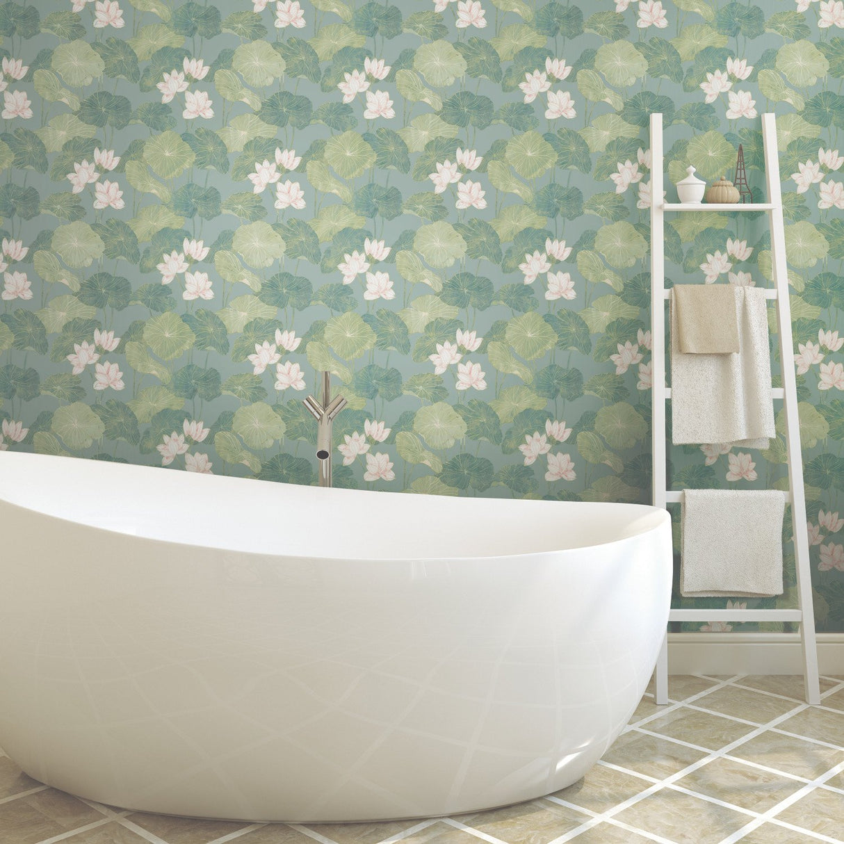 Lily Pad Blue Peel & Stick Wallpaper with Botanical Leaves Pattern, Modern Style - RoomMates RMK11436WP
