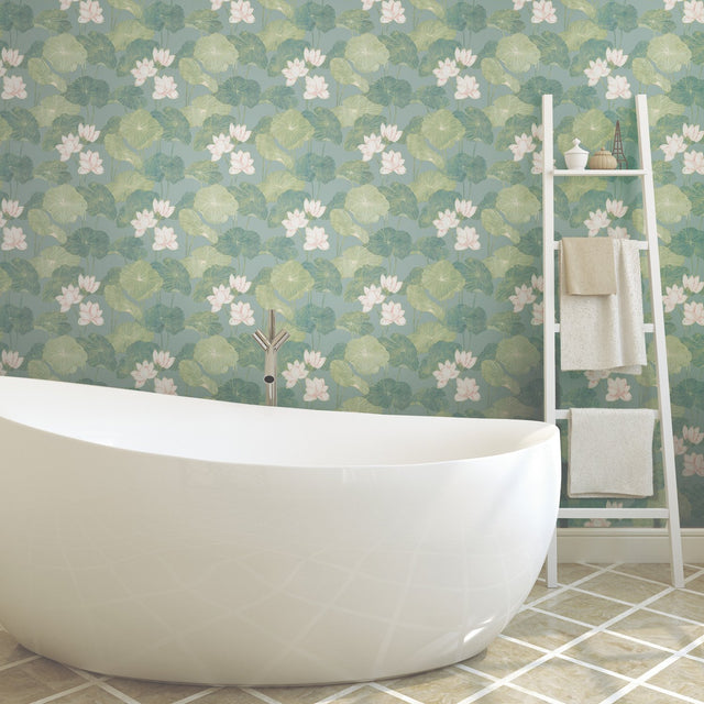 Lily Pad Blue Peel & Stick Wallpaper with Botanical Leaves Pattern, Modern Style - RoomMates RMK11436WP