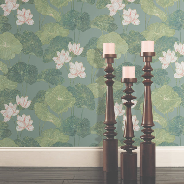 Lily Pad Blue Peel & Stick Wallpaper with Botanical Leaves Pattern, Modern Style - RoomMates RMK11436WP
