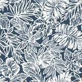 Batik Tropical Leaf Blue Peel & Stick Wallpaper with Tropical Botanical Leaves Pattern - York RMK11437WP
