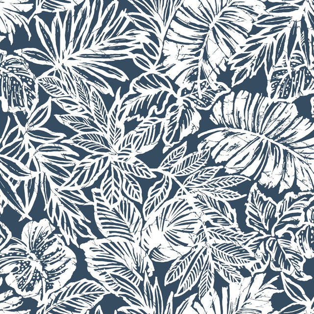 Batik Tropical Leaf Blue Peel & Stick Wallpaper with Tropical Botanical Leaves Pattern - York RMK11437WP