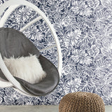Batik Tropical Leaf Blue Peel & Stick Wallpaper with Tropical Botanical Leaves Pattern - York RMK11437WP