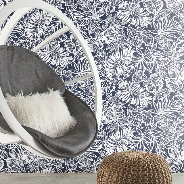 Batik Tropical Leaf Blue Peel & Stick Wallpaper with Tropical Botanical Leaves Pattern - York RMK11437WP
