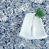 Batik Tropical Leaf Blue Peel & Stick Wallpaper with Tropical Botanical Leaves Pattern - York RMK11437WP