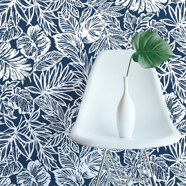 Batik Tropical Leaf Blue Peel & Stick Wallpaper with Tropical Botanical Leaves Pattern - York RMK11437WP