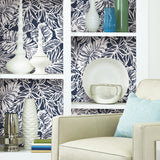 Batik Tropical Leaf Blue Peel & Stick Wallpaper with Tropical Botanical Leaves Pattern - York RMK11437WP