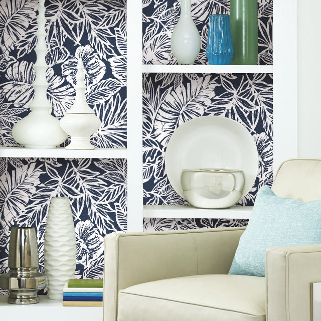 Batik Tropical Leaf Blue Peel & Stick Wallpaper with Tropical Botanical Leaves Pattern - York RMK11437WP