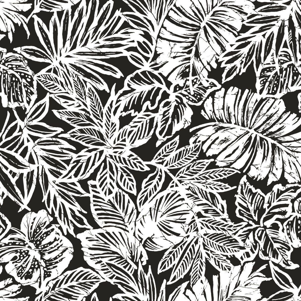 Batik Tropical Leaf Black Peel & Stick Wallpaper with Botanical Tropical Leaves Pattern - York RMK11439WP