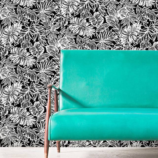 Batik Tropical Leaf Black Peel & Stick Wallpaper with Botanical Tropical Leaves Pattern - York RMK11439WP