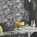 Batik Tropical Leaf Black Peel & Stick Wallpaper with Botanical Tropical Leaves Pattern - York RMK11439WP
