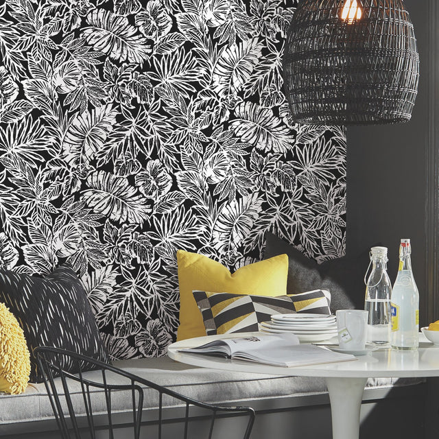 Batik Tropical Leaf Black Peel & Stick Wallpaper with Botanical Tropical Leaves Pattern - York RMK11439WP