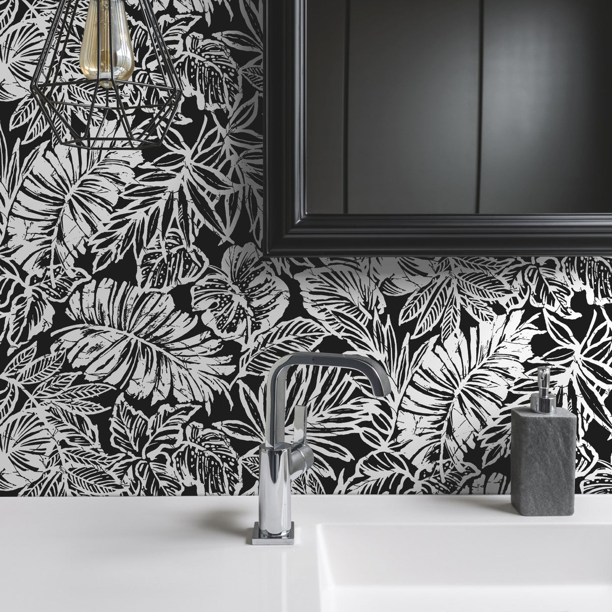 Batik Tropical Leaf Black Peel & Stick Wallpaper with Botanical Tropical Leaves Pattern - York RMK11439WP