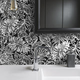 Batik Tropical Leaf Black Peel & Stick Wallpaper with Botanical Tropical Leaves Pattern - York RMK11439WP
