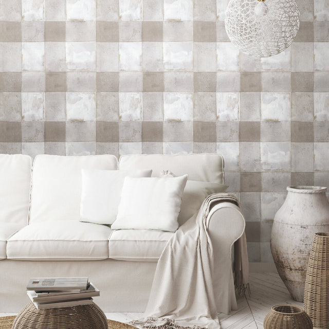 Buffalo Plaid Neutral Peel & Stick Wallpaper with Farmhouse Plaid Pattern - York RMK11440WP