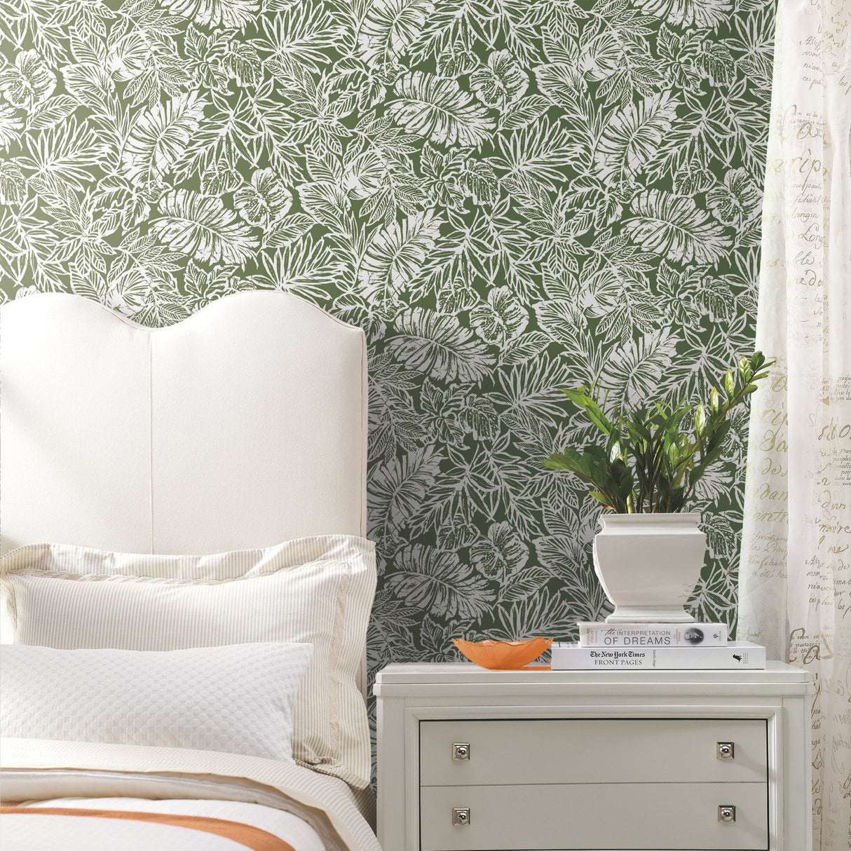 Batik Tropical Leaf Green Peel & Stick Wallpaper