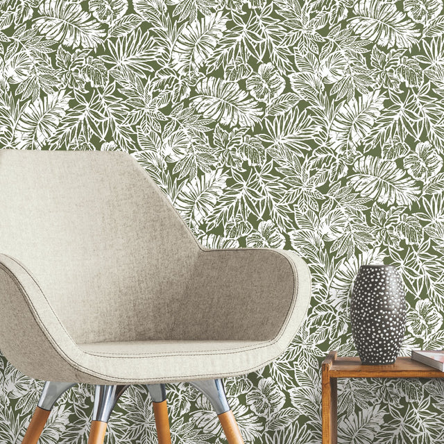 Batik Tropical Leaf Green Peel & Stick Wallpaper