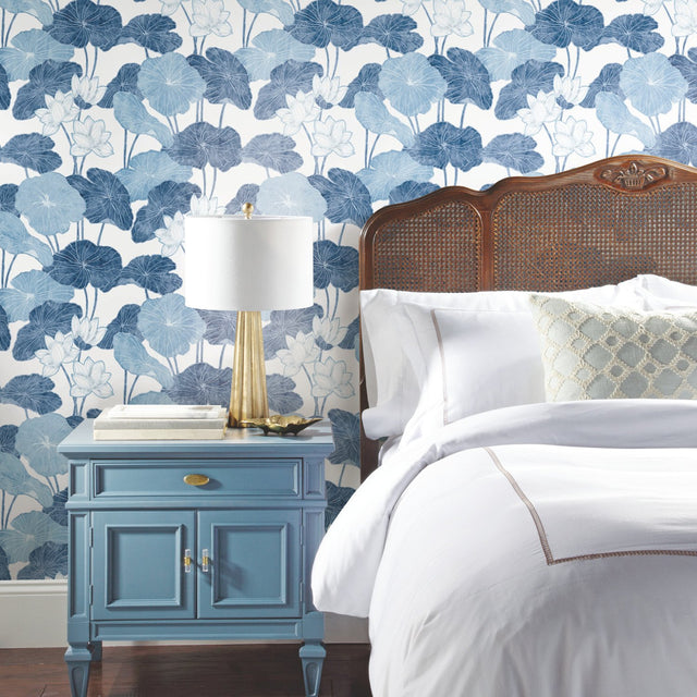Lily Pad Blue Peel & Stick Wallpaper with Modern Botanical Leaves Pattern - York RMK11448WP