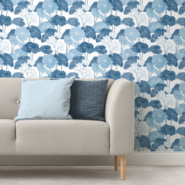 Lily Pad Blue Peel & Stick Wallpaper with Modern Botanical Leaves Pattern - York RMK11448WP