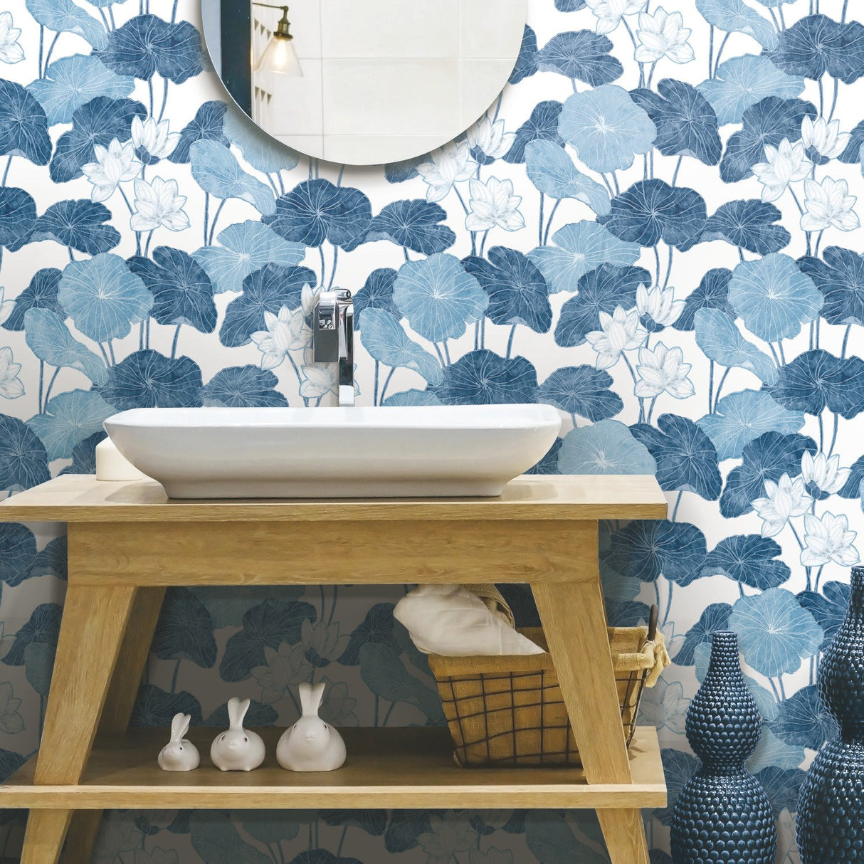Lily Pad Blue Peel & Stick Wallpaper with Modern Botanical Leaves Pattern - York RMK11448WP