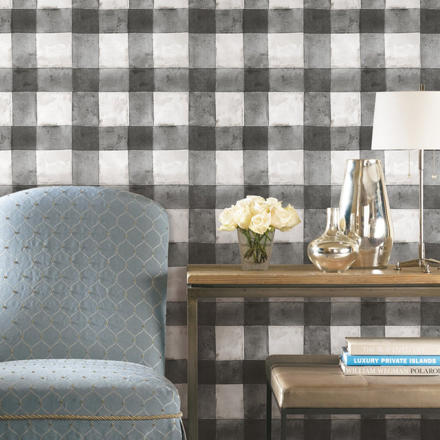 Buffalo Plaid Black Peel & Stick Wallpaper with Farmhouse Style Plaids Pattern - York RMK11451WP