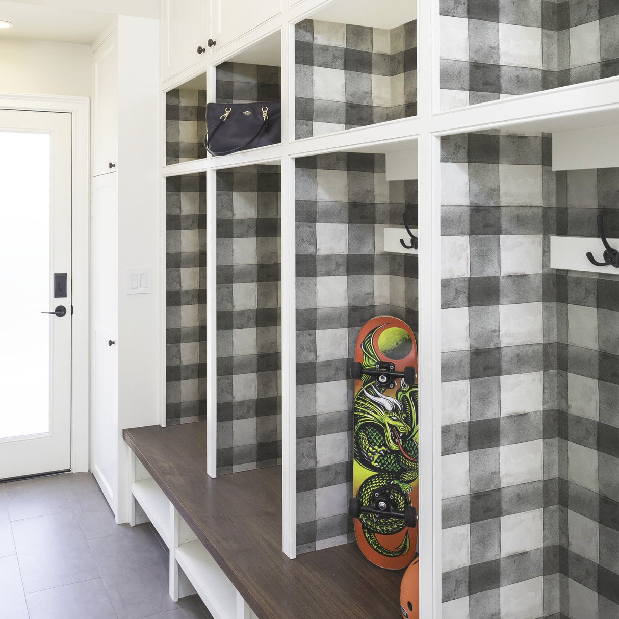Buffalo Plaid Black Peel & Stick Wallpaper with Farmhouse Style Plaids Pattern - York RMK11451WP