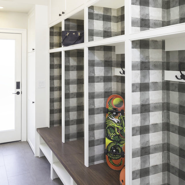 Buffalo Plaid Black Peel & Stick Wallpaper with Farmhouse Style Plaids Pattern - York RMK11451WP