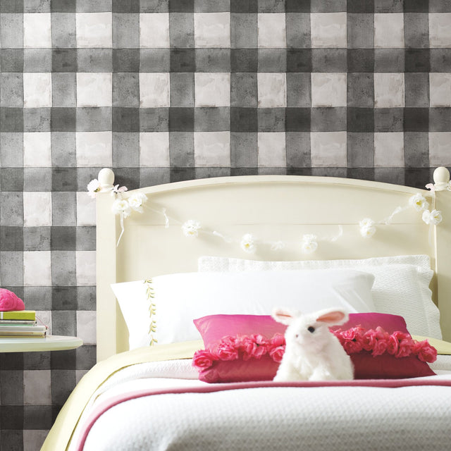 Buffalo Plaid Black Peel & Stick Wallpaper with Farmhouse Style Plaids Pattern - York RMK11451WP