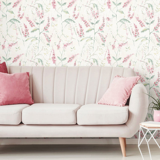 Floral Sprig Pink Peel & Stick Wallpaper with Modern Botanical Flowers Pattern - York RMK11452WP